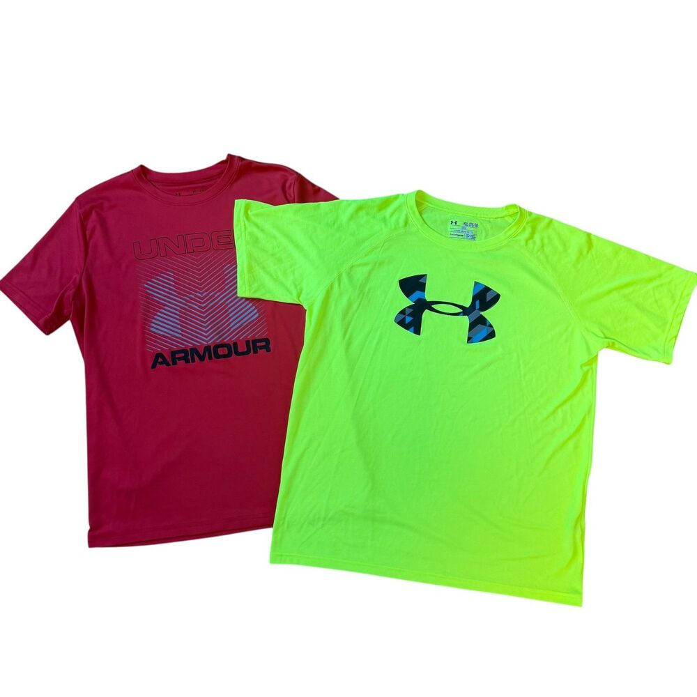 Under Armour Boys Size YXL Loose Heatgear Set of 2 Red and Neon Tee Shirts